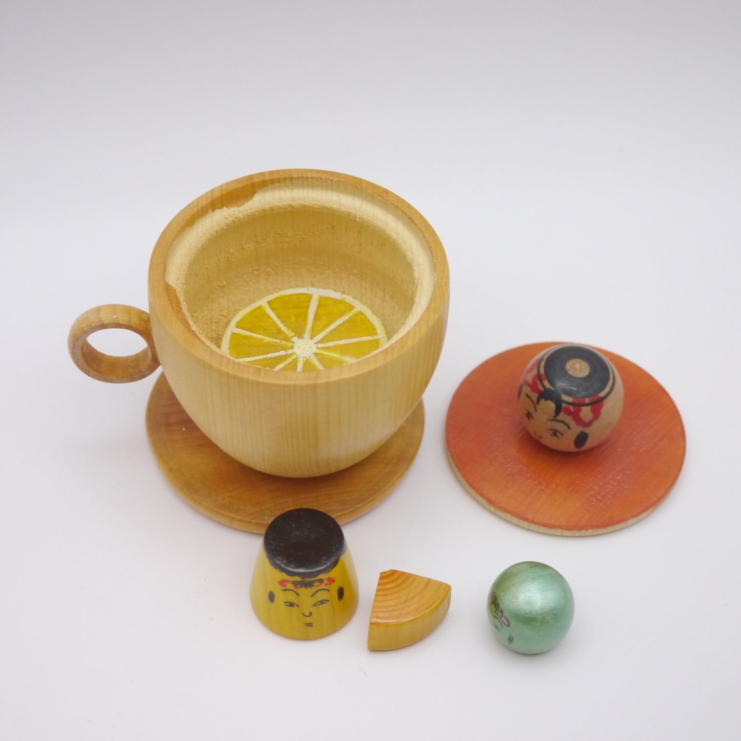 Kawaii Kokeshi doll by Kenichi Nishiyama Teacup in Lemon, Pudding, Baumkuchen, Marshmallow
