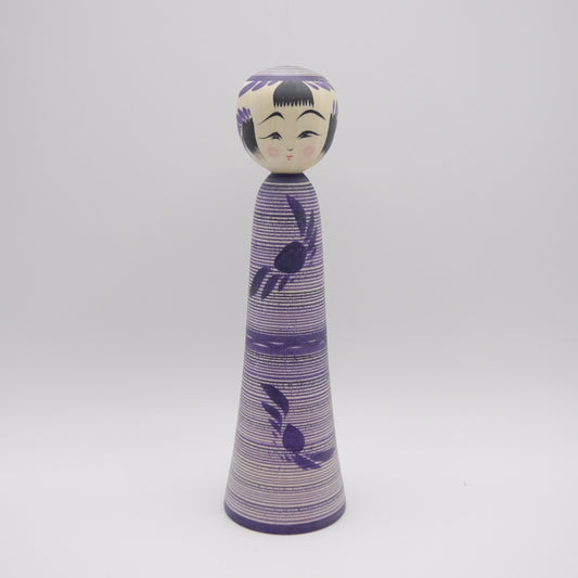 16cm Kokeshi Doll by Teruyuki Hiraga Purple Stripe pattern