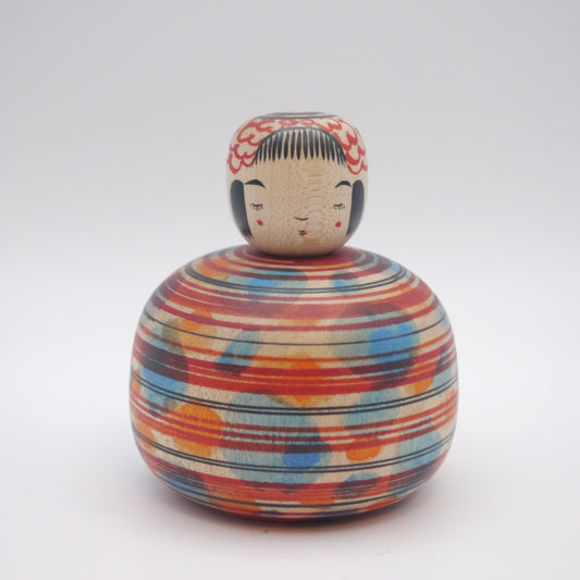 7cm Kokeshi doll by Kunitoshi Abe Ejiko Blue Red Orange