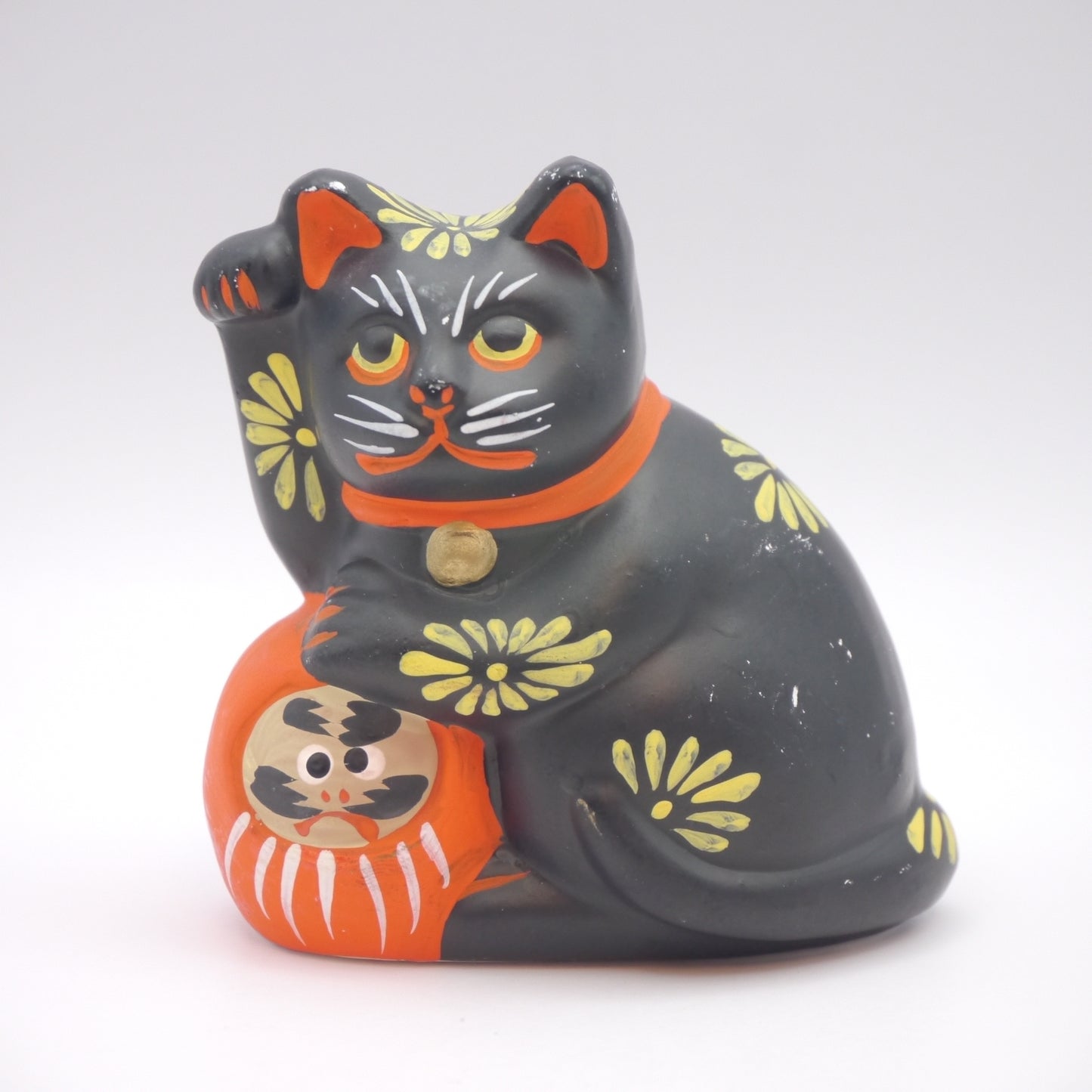 Japanese Vintage Folk Toy Clay Doll Maneki-neko Lucky Cat Daruma Black