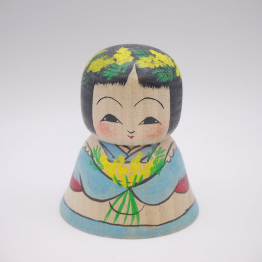 Japanese Kokeshi Doll by Rika Komatsu Yellow Mimosa Flowers