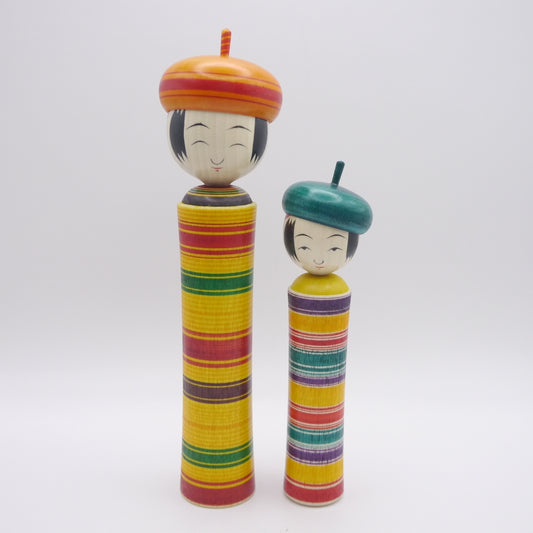 Kokeshi dolls by Yoshinao Takahashi Stripe Hat Set of 2