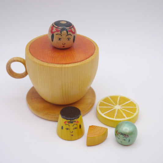 Kawaii Kokeshi doll by Kenichi Nishiyama Teacup in Lemon, Pudding, Baumkuchen, Marshmallow